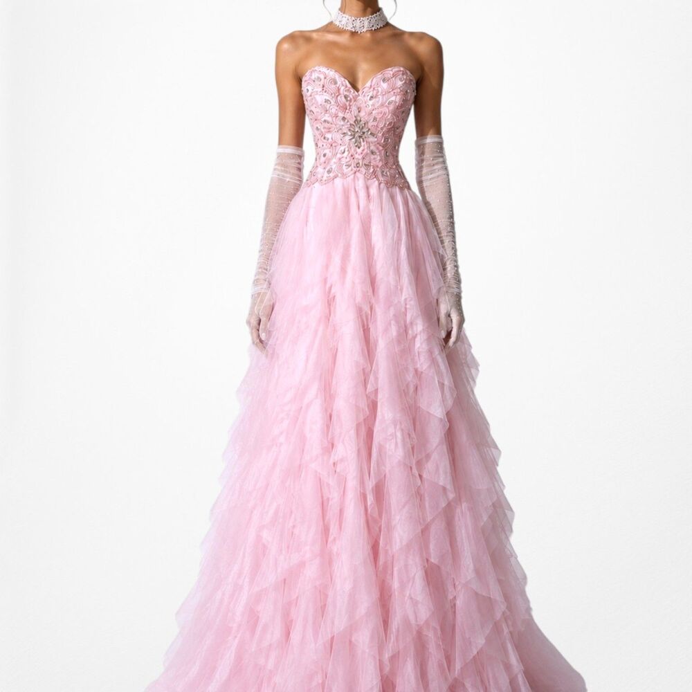 Vintage Y2K Pastel Pink Strapless Beaded Ruffle Fit Flared Prom Dress Size S/M